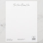 Simple Minimalist White Address Name Logo Letterhead<br><div class="desc">Professional letterhead in white with black text. Add business name,  contact info,  and logo. Minimalist letterhead with your name or company name in a signature script. Personalize with your logo and contact information. Perfect for small businesses,  inns,  B&B's,  and similar.</div>