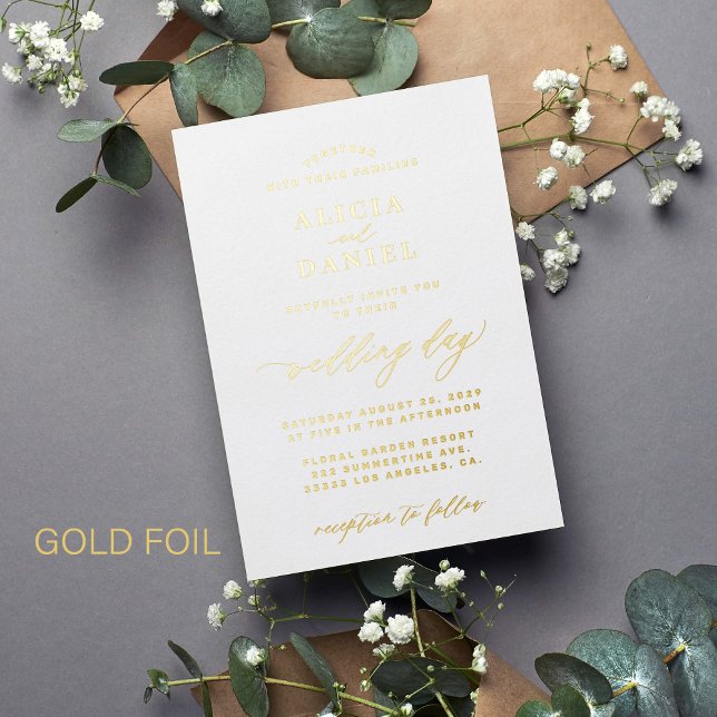 Simple minimalist white and gold elegant wedding foil invitation (Creator Uploaded)