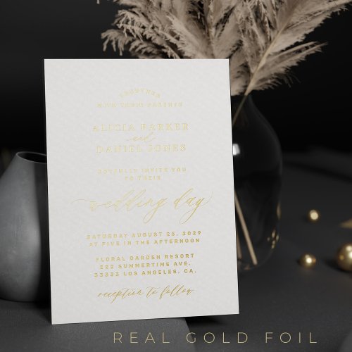 Simple minimalist white and gold elegant wedding foil invitation
