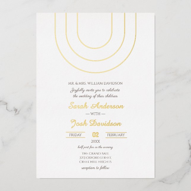 Simple Minimalist White and Golden Wedding Foil Invitation (Front)