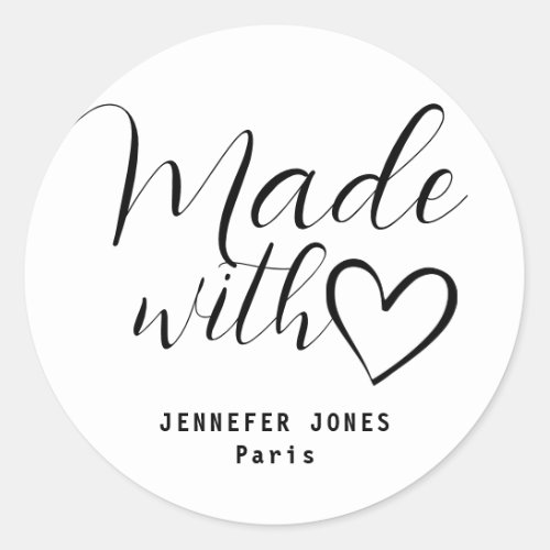 Simple Minimalist White Black Made With Love Heart Classic Round Sticker