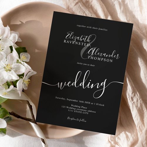 Simple minimalist white black script chic wedding invitation