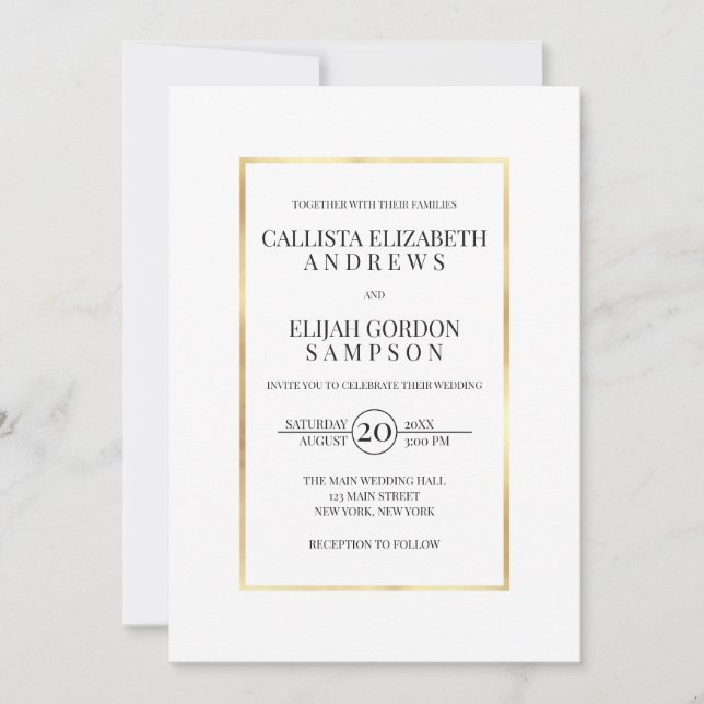 Simple Minimalist White Gold Border Wedding Invitation (Front)