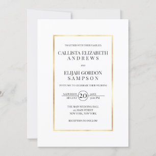 Simple Minimalist White Gold Border Wedding Invitation
