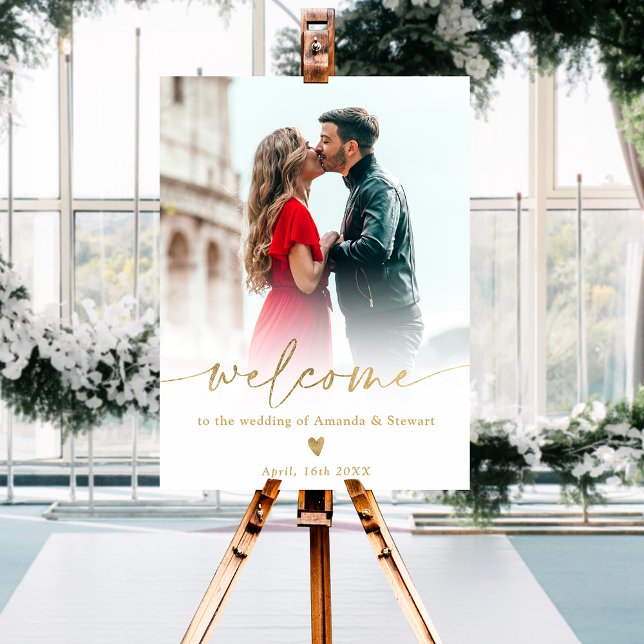 Simple minimalist white gold photo wedding welcome foam board (Creator Uploaded)