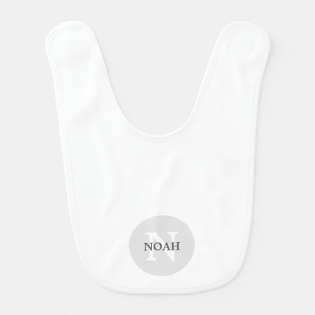 Simple Minimalist White & Gray Monogrammed Name  Baby Bib (Front)