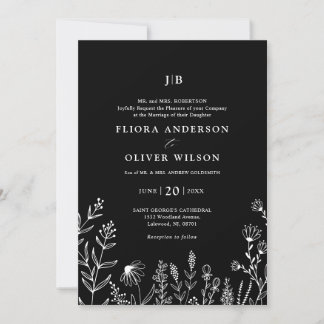 Simple Minimalist Wildflower Black Wedding Invitation