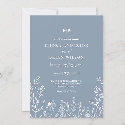 Simple Minimalist Wildflower Dusty Blue Wedding In Invitation