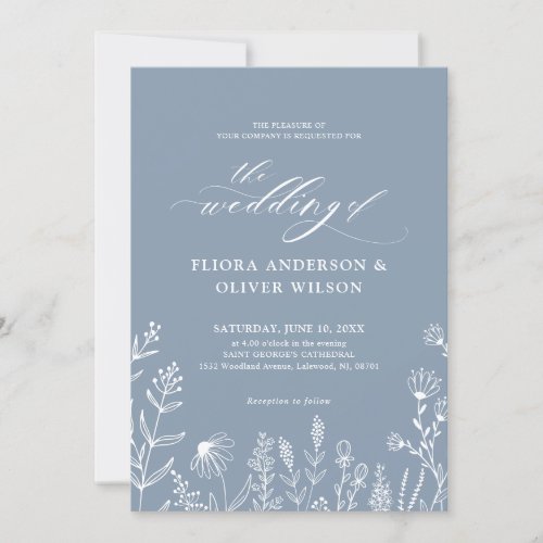 Simple Minimalist Wildflower Dusty Blue Wedding Invitation