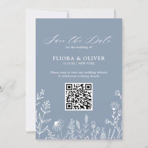 Simple Minimalist Wildflower Dusty Blue Wedding QR Save The Date