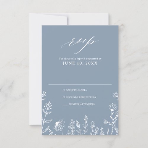 Simple Minimalist Wildflower Dusty Blue Wedding RS RSVP Card
