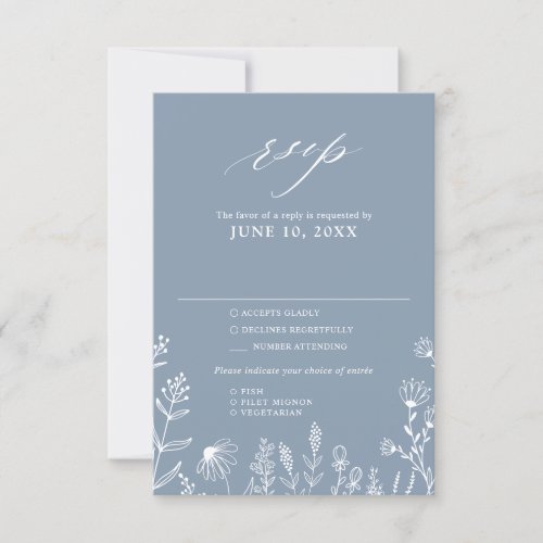 Simple Minimalist Wildflower Dusty Blue Wedding RSVP Card