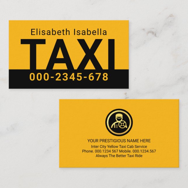 Simple Minimalist Yellow Taxi Service Business Card (Front/Back)