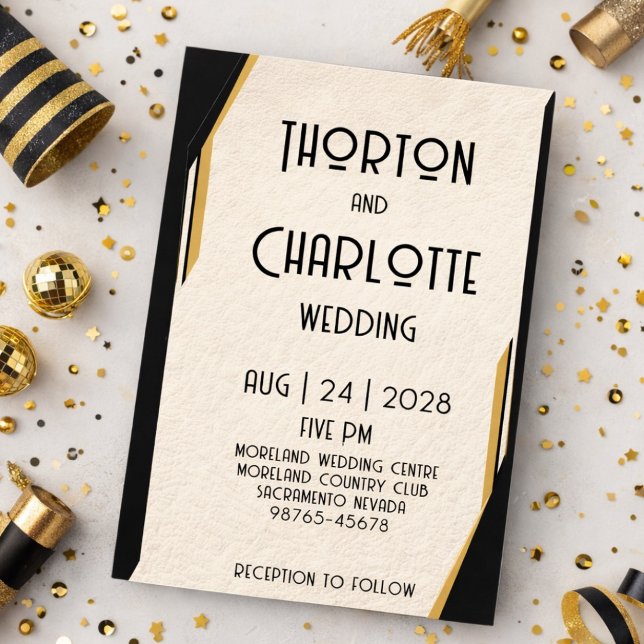 Simple Minimalistic Art Deco Black Gold Wedding Invitation (Creator Uploaded)