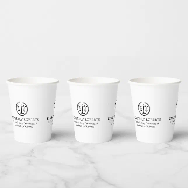 Simple Minimalistic Black Justice Logo On White Paper Cups | Zazzle