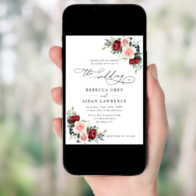 Simple Minimalistic Burgundy Blush Floral Wedding Invitation (Front Digital)