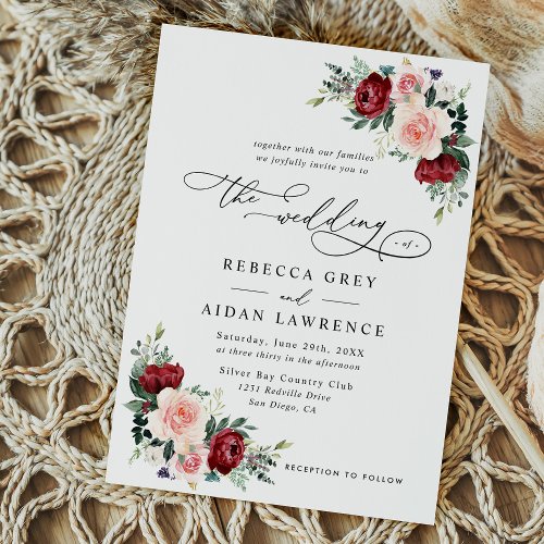 Simple Minimalistic Burgundy Blush Floral Wedding Invitation