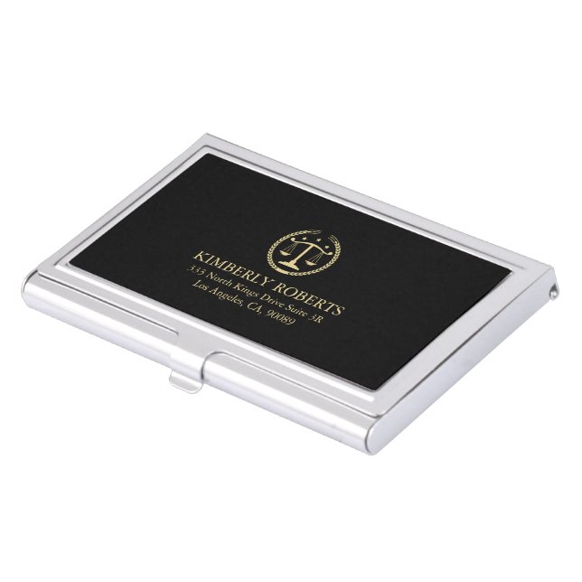 Simple Minimalistic Gold Justice Logo On Black Business Card Case (Front)