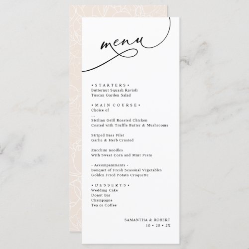 Simple Minimalistic Neutral Blush Wedding Dinner M Menu - Designed to coordinate with our Romantic Script wedding collection, this customizable Menu card, features a sweeping script calligraphy text paired with a classy serif font in black with a dewy blush back with a customizable monogram. Matching items available.