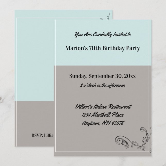 Simple Mint Blue Gray Birthday Party Restaurant Invitation (Front/Back)
