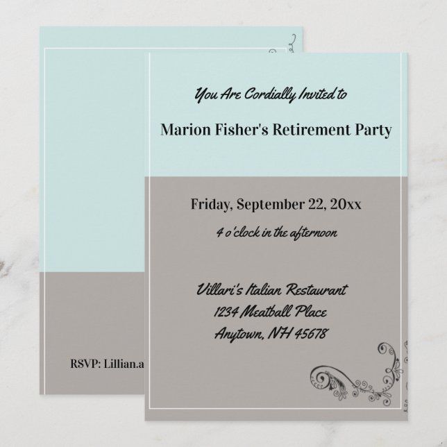 Simple Mint Blue Gray Retirement Party Restaurant Invitation (Front/Back)