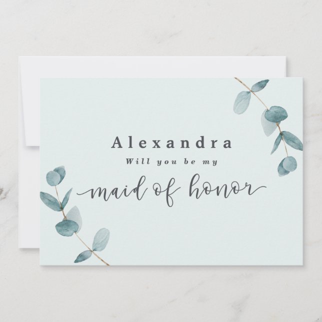 Simple Mint Eucalyptus Maid of Honor Proposal Card (Front)