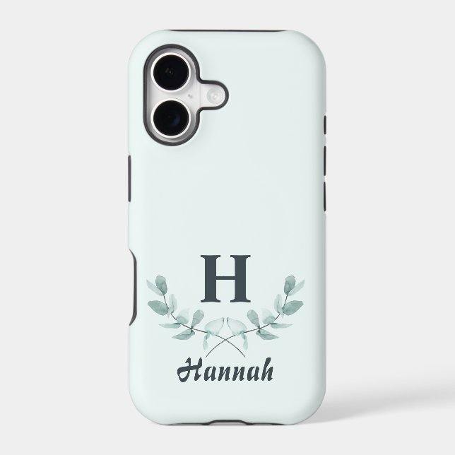 Simple Mint Green Eucalyptus Leaf Monogrammed Iphone Case (Back)