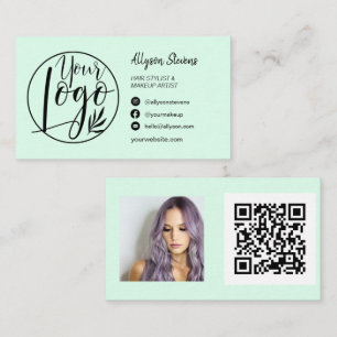 Simple mint green hair makeup photo logo qr code business card