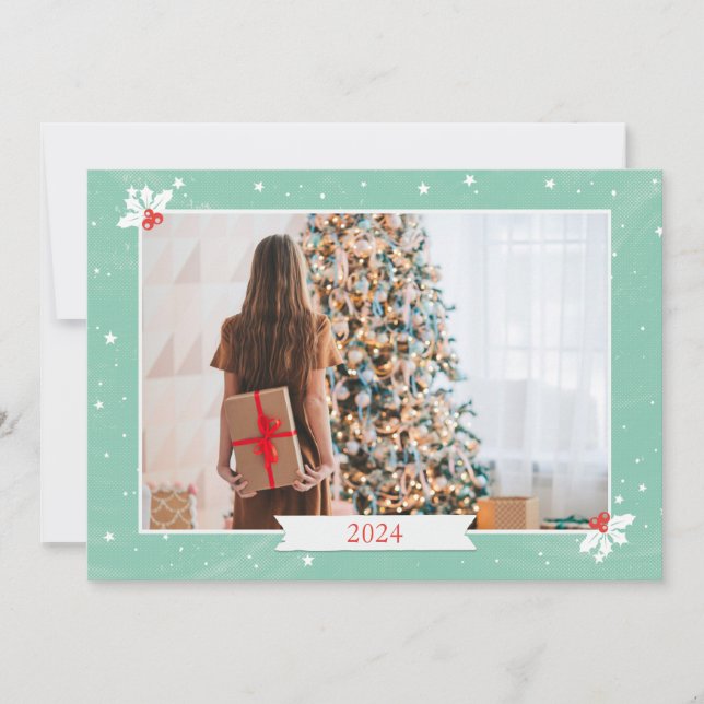 Simple Mint Green Merry Christmas Photo Note Card (Front)