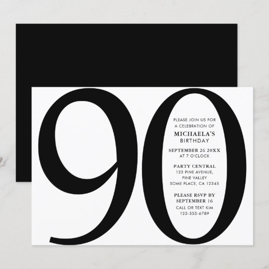 Simple, Miodern Black & White 90th Birthday Party Invitation