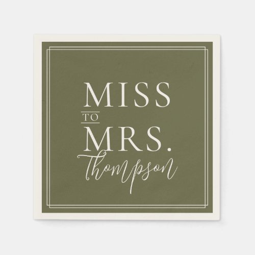Simple Miss to Mrs Green Sage Bridal Shower Paper Napkins