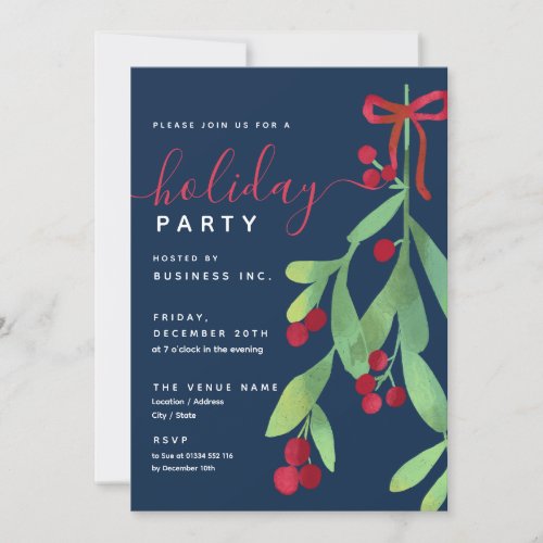 Simple Mistletoe Corporate Xmas Party Navy  Invitation