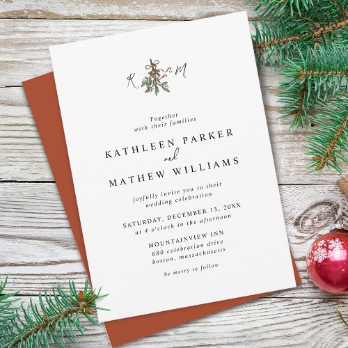 Simple Mistletoe Initials Holiday Wedding Invitation
