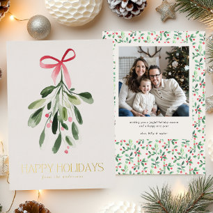 Simple Mistletoe One Photo Christmas Gold Foil Holiday Card