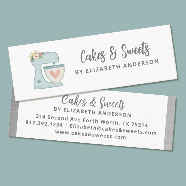 Simple Mixer Floral Cake Bakery Business Card (A modern thin business card with a cute blue mixer. charming for your bakery business card.)