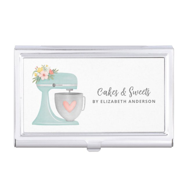 Simple Mixer Floral Cake Bakery Business Card Case (Front)