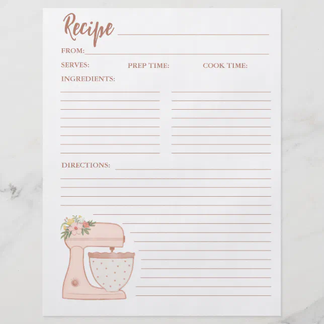 Simple Mixer Floral Cake Bakery Recipe Card Flyer 