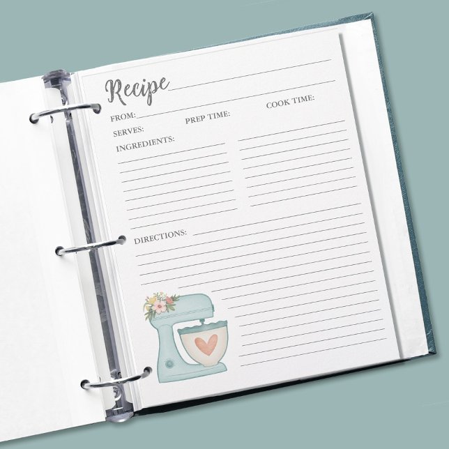 Simple Mixer Floral Cake Bakery Recipe Card Flyer (Pretty blue mixer recipe pages for your cookbook.binder.)