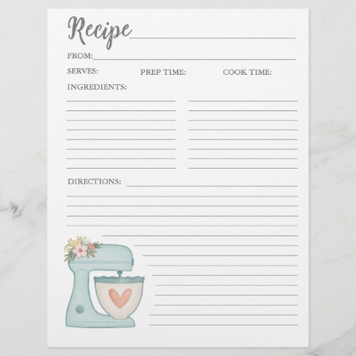 Simple Mixer Floral Cake Bakery Recipe Card Flyer