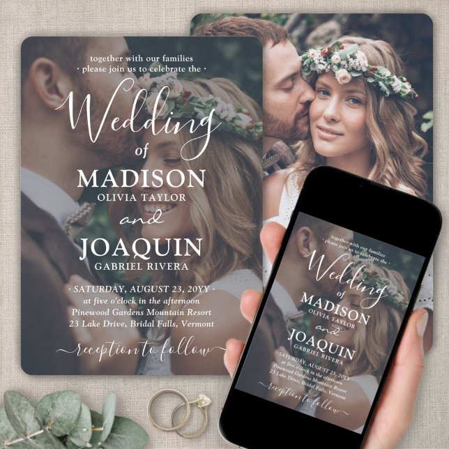 Simple Modern 2 Photo & White Text Overlay Wedding Invitation (Creator Uploaded)