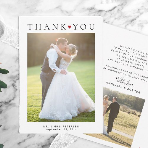 Simple modern 2 photos typography wedding thank you card