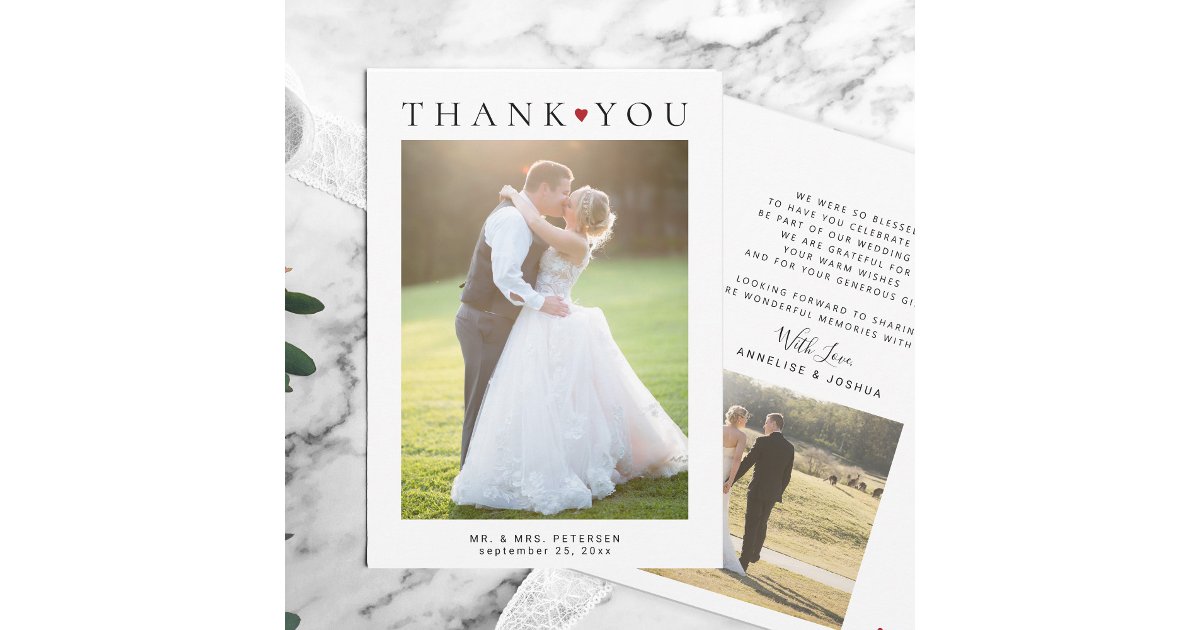 Simple modern 2 photos typography wedding thank you card | Zazzle