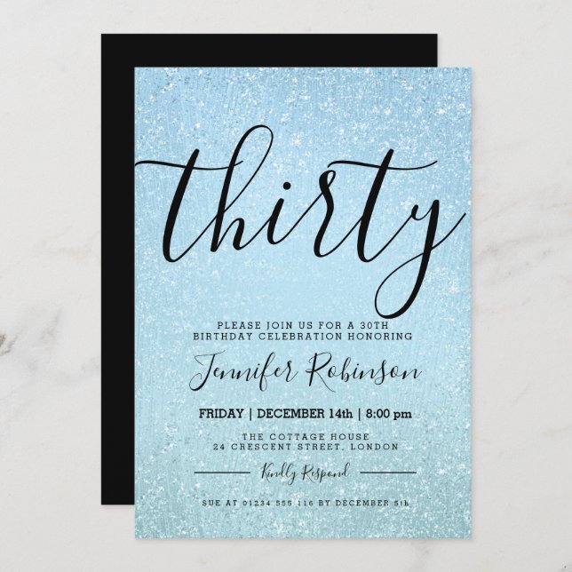 Simple + Modern 30th Birthday Blue Glitter Paint Invitation (Front/Back)