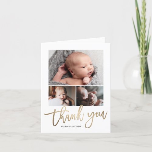 Simple Modern 3 Photo Collage Baby Photo  Thank You Card