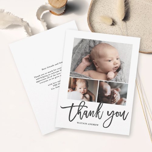 Simple Modern 3 Photo Collage Baby Photo  Thank You Card