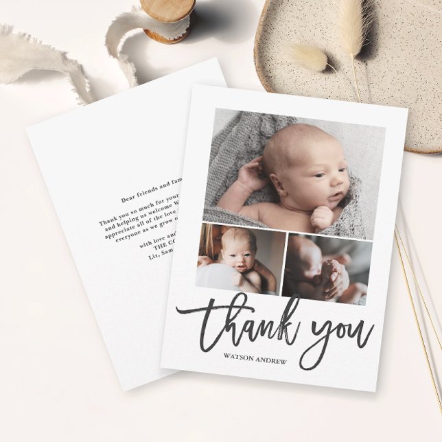 Simple Modern 3 Photo Collage Baby Photo  Thank You Card (Simple photo collage baby thank you card with modern handwritten script in black and white.)