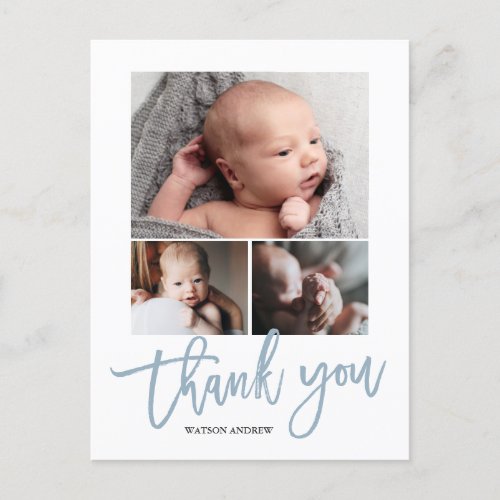 Simple Modern 3 Photo Collage Baby Photo Thank You Postcard