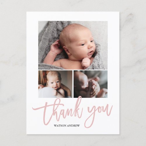 Simple Modern 3 Photo Collage Baby Photo Thank You Postcard