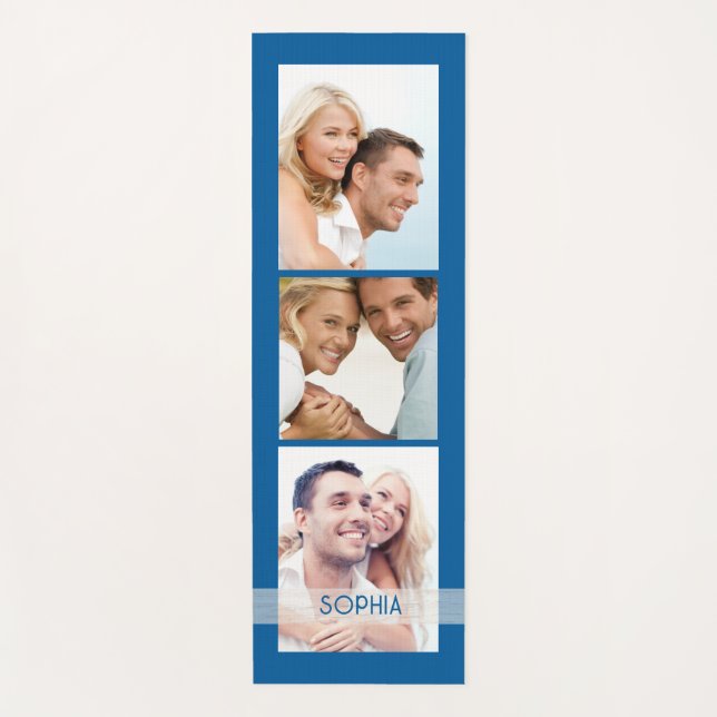 Simple Modern 3 Photo Collage Blue Personalized Yoga Mat (Front)