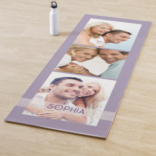 Simple Modern 3 Photo Collage Dusty Lavender Name  Yoga Mat